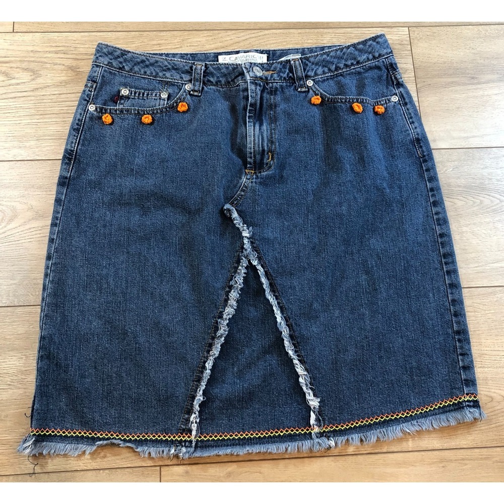 Vtg Z Cavaricci Jean Skirt Womens‎ Floral Emboidered Boho Hippie Y2K 90s Fringe